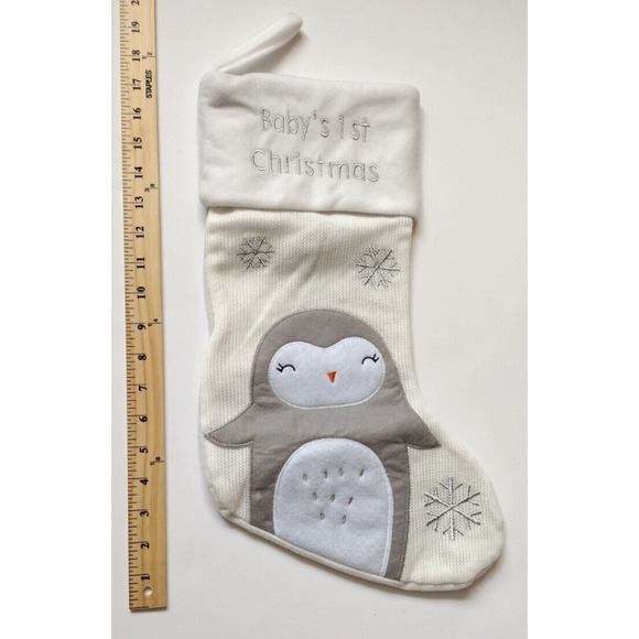 Woollen Christmas Stocking 16" Penguin White Soft Cuff "Baby's 1st Christmas" - Picture 2 of 5